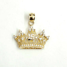 Load image into Gallery viewer, 14k yellow gold 15 Años 15 years crown pendant cubic zirconia fine jewelry 2.1g