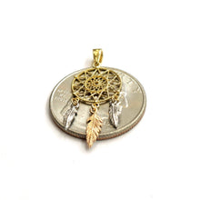 Load image into Gallery viewer, 14k Tri Color Gold Dream Catcher Feather Pendant charm gift fine jewelry 0.8g