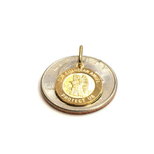Load image into Gallery viewer, 14k yellow gold round Guardian angel pendant Angel De La Guarda charm 0.59" 2g