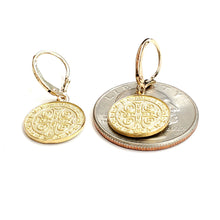 Load image into Gallery viewer, 14k Gold saint benito Earrings lever Back dangling religious fine jewelry 3.4g