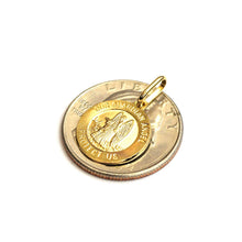 Load image into Gallery viewer, 14k yellow gold round Guardian angel pendant Angel De La Guarda charm 0.59" 2g