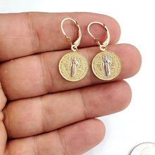 Load image into Gallery viewer, 14k Gold saint benito Earrings lever Back dangling religious fine jewelry 3.4g
