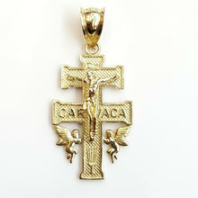 Load image into Gallery viewer, New 10k Yellow gold Caravaca double cross with angel crucifix Jesus pendant 2.4g