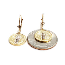 Load image into Gallery viewer, 14k Gold saint benito Earrings lever Back dangling religious fine jewelry 3.4g