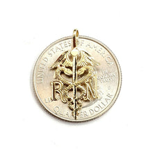 Load image into Gallery viewer, 14k yellow Gold RN caduceus medical sign nurse Pendant charm fine jewelry 0.9g