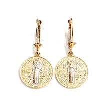 Load image into Gallery viewer, 14k Gold saint benito Earrings lever Back dangling religious fine jewelry 3.4g