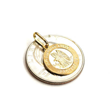 Load image into Gallery viewer, 14k yellow gold round Guardian angel pendant Angel De La Guarda charm 0.59" 2g