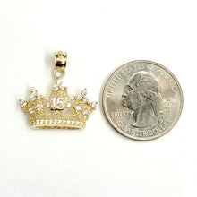 Load image into Gallery viewer, 14k yellow gold 15 Años 15 years crown pendant cubic zirconia fine jewelry 2.1g