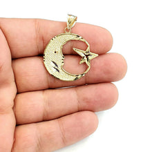Load image into Gallery viewer, 10k yellow gold moon and star pendant charm diamond cut astronomy jewelry 2.6g