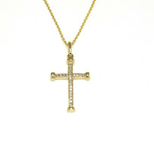 Load image into Gallery viewer, 14k yellow Gold 0.08Ct Round Diamond cross necklace pendant 18" adjustable chain