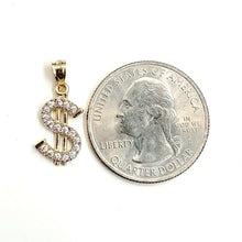 Load image into Gallery viewer, 14k yellow gold tiny dollar sign lucky pendant charm cubic zirconia fine gift 1g