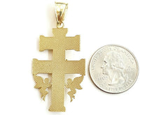 Load image into Gallery viewer, New 10k Yellow gold Caravaca double cross with angel crucifix Jesus pendant 6.3g