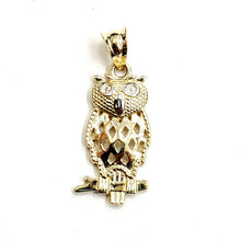 Load image into Gallery viewer, 14k yellow gold owl full body pendant charm gift fine jewelry diamond cut 1.3g
