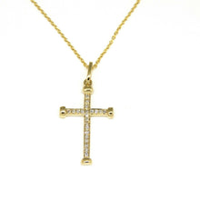 Load image into Gallery viewer, 14k yellow Gold 0.08Ct Round Diamond cross necklace pendant 18" adjustable chain
