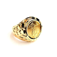 Load image into Gallery viewer, 14K Gold nugget coin ring size 10.5 14.4g 5 dollar 1/10 oz 22k American Eagle