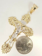 Load image into Gallery viewer, 10k two-tone gold cross with jesus pendant fine religious jewelry unisex 13.1g
