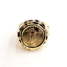 Load image into Gallery viewer, 14K Gold nugget coin ring size 10.5 14.4g 5 dollar 1/10 oz 22k American Eagle