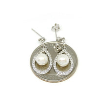 Load image into Gallery viewer, 14k White Gold 6mm pearl and zirconia Earring push back hanging fine gift 2.9g