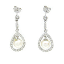 Load image into Gallery viewer, 14k White Gold 6mm pearl and zirconia Earring push back hanging fine gift 2.9g
