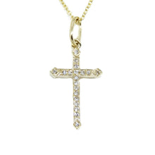 Load image into Gallery viewer, 14k yellow Gold 0.07Ct Round Diamond cross necklace pendant 18" adjustable chain