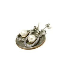 Load image into Gallery viewer, 14k White Gold 6mm pearl and zirconia Earring push back hanging fine gift 2.9g