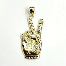 Load image into Gallery viewer, 10k yellow gold victory sign peace hand gesture pendant unisex diamond cut 4.9g