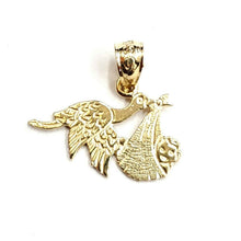 Load image into Gallery viewer, New 14k yellow Gold stork bird carrying Newborn baby Pendant fine jewelry 1.1g