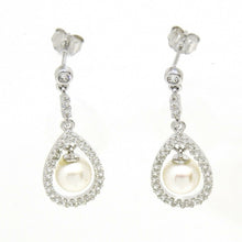 Load image into Gallery viewer, 14k White Gold 6mm pearl and zirconia Earring push back hanging fine gift 2.9g