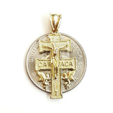 Load image into Gallery viewer, New 10k Yellow gold Caravaca double cross with angel crucifix Jesus pendant 2.7g