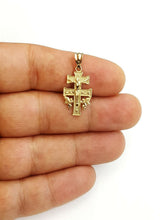Load image into Gallery viewer, New 10k Yellow gold Caravaca double cross with angel crucifix Jesus pendant 1.6g