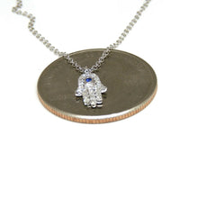 Load image into Gallery viewer, 14k white gold 0.08ct diamond khamsa hand Jewish necklace 18" adjustable chain