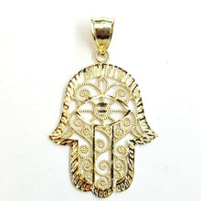 Load image into Gallery viewer, New 10k yellow gold khamsa hamsa hand lucky Jewish filigree pendant jewelry 2.8g