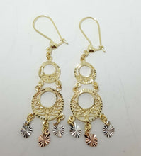 Load image into Gallery viewer, 14k tri color Gold filigree gypsy chandelier hanging earrings 2 inches 3.6 grams