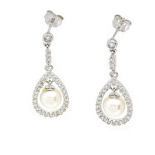 Load image into Gallery viewer, 14k White Gold 6mm pearl and zirconia Earring push back hanging fine gift 2.9g