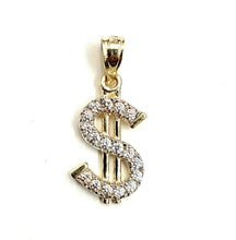 Load image into Gallery viewer, 14k yellow gold tiny dollar sign lucky pendant charm cubic zirconia fine gift 1g