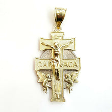 Load image into Gallery viewer, New 10k Yellow gold Caravaca double cross with angel crucifix Jesus pendant 6.3g