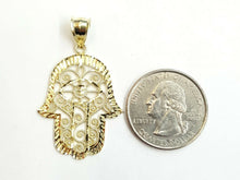 Load image into Gallery viewer, New 10k yellow gold khamsa hamsa hand lucky Jewish filigree pendant jewelry 2.9g