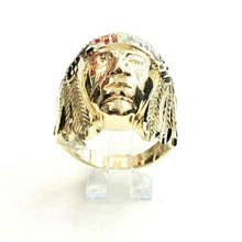 Load image into Gallery viewer, 10k yellow gold native american Indian chief head men's Ring diamond cut Size 10