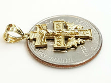 Load image into Gallery viewer, New 10k Yellow gold Caravaca double cross with angel crucifix Jesus pendant 1.6g