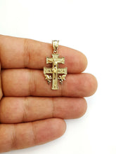 Load image into Gallery viewer, New 10k Yellow gold Caravaca double cross with angel crucifix Jesus pendant 2.7g