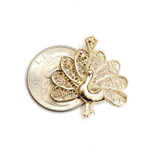 Load image into Gallery viewer, 14k yellow gold peacock pavo real bird filigree pendant charm fine jewelry 3.8g