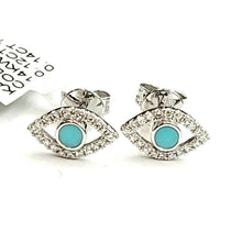 Load image into Gallery viewer, New 14k white Gold 0.12Ct Diamond 0.14ct turquoise eye stud Earrings Push Back