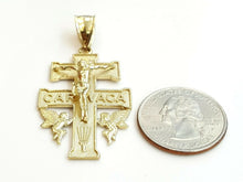 Load image into Gallery viewer, New 10k Yellow gold Caravaca double cross with angel crucifix Jesus pendant 6.3g