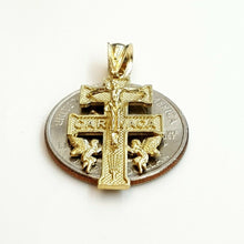 Load image into Gallery viewer, New 10k Yellow gold Caravaca double cross with angel crucifix Jesus pendant 2.7g