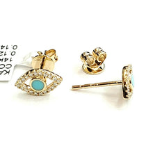 Load image into Gallery viewer, New 14k yellow Gold 0.12Ct Diamond 0.14ct turquoise eye stud Earrings Push Back