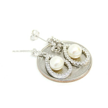 Load image into Gallery viewer, 14k White Gold 6mm pearl and zirconia Earring push back hanging fine gift 2.9g