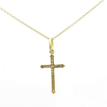 Load image into Gallery viewer, 14k yellow Gold 0.07Ct Round Diamond cross necklace pendant 18" adjustable chain
