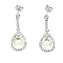 Load image into Gallery viewer, 14k White Gold 6mm pearl and zirconia Earring push back hanging fine gift 2.9g