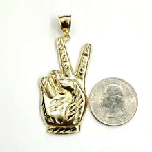 Load image into Gallery viewer, 10k yellow gold victory sign peace hand gesture pendant unisex diamond cut 4.9g