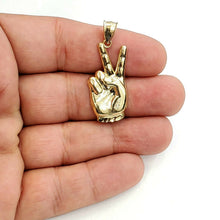 Load image into Gallery viewer, 10k yellow gold victory sign peace hand gesture pendant unisex diamond cut 2.1g